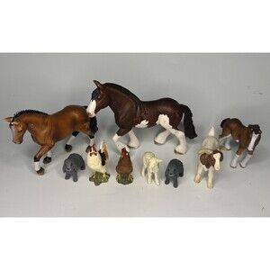 Lot of 9 Schleich Farm Animals — Horses Lambs Boer Goat Hen Rooster Rabbits